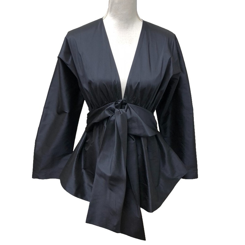 Biyan‎ Kimono Blouse Top Womens Large Black Deep V Neck Tie Waist Elegant